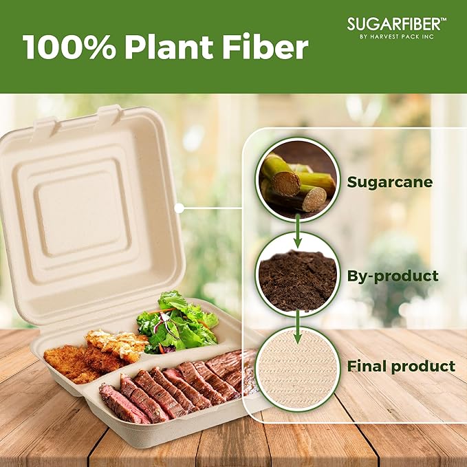[200 COUNT]Harvest Pack PFAS FREE 10 X 10" 3 Compartment Compostable Clamshell Food Containers, Heavy-Duty Hinged Container, Disposable Bagasse Eco-Friendly Sugarcane togo Box for dinner