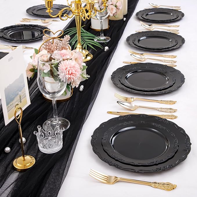 U-QE 100PCS Black Plastic Plates, Heavy Duty Black Plates Including 50PCS 10'' Dinner Plates & 50PCS 7.5'' Dessert Plate - Hard Plastic Plate for Party Wedding Bridal Shower