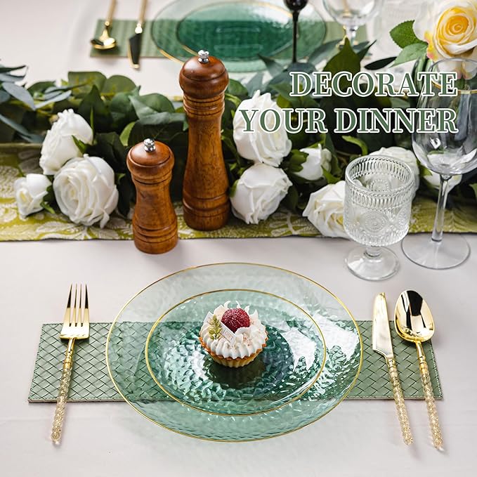 Lullaby 60pcs Green Plastic Plates with Gold Rim, Includes 30pcs Dinner Plate 10'' and 30pcs Clear Dessert Plate 7'', Green Disposable Plastic Plates for Parties, Birthdays and Wedding