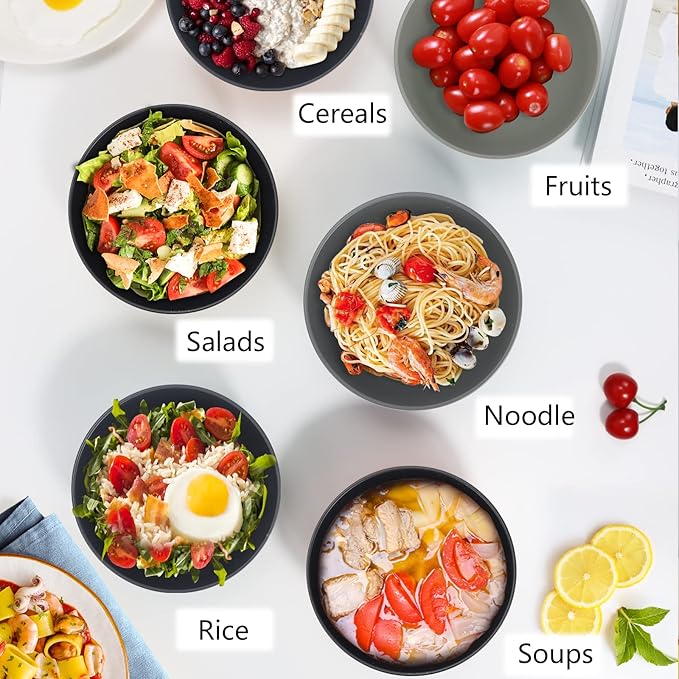 PYRMONT Unbreakable Cereal Bowl 26 OZ Wheat Straw Bowls Set of 8 Alternative Plastic Bowls Reusable Dishwasher & Microwave Safe Breakfast Bowls for Party Kitchen Bowls for Soup,Dinner-Black to Grey