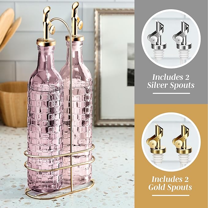 COOK WITH COLOR Glass Olive Oil Bottle Dispenser - 2 Pack- 17oz Oil and Vinegar Cruet - Olive Oil Carafe Decanter for Kitchen, Checkered, Pink