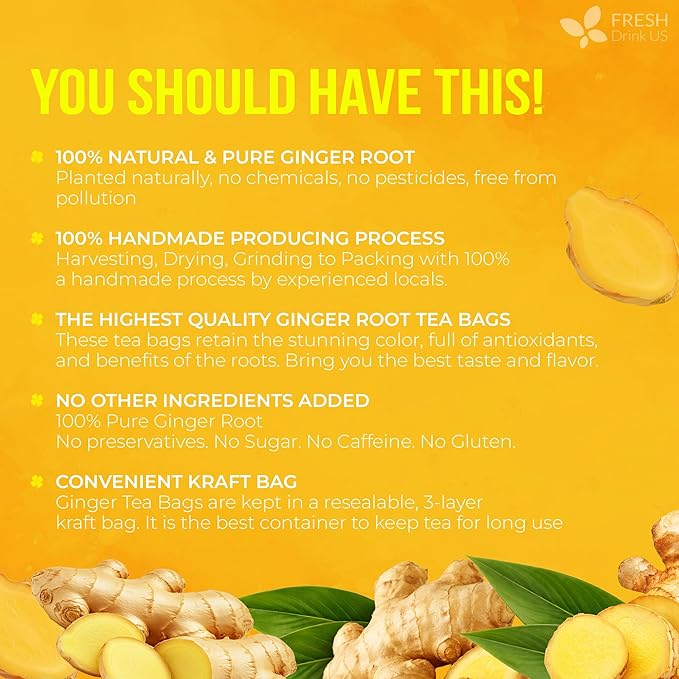 FreshDrinkUS, 150 Premium Ginger Tea Bags, Non GMO, 100% Natural & Pure from Ginger Root, Root Herbal Tea. No Sugar, No Caffeine, No Gluten, Vegan. Support Stronger Digestion, Pleasantly Spicy & Warming