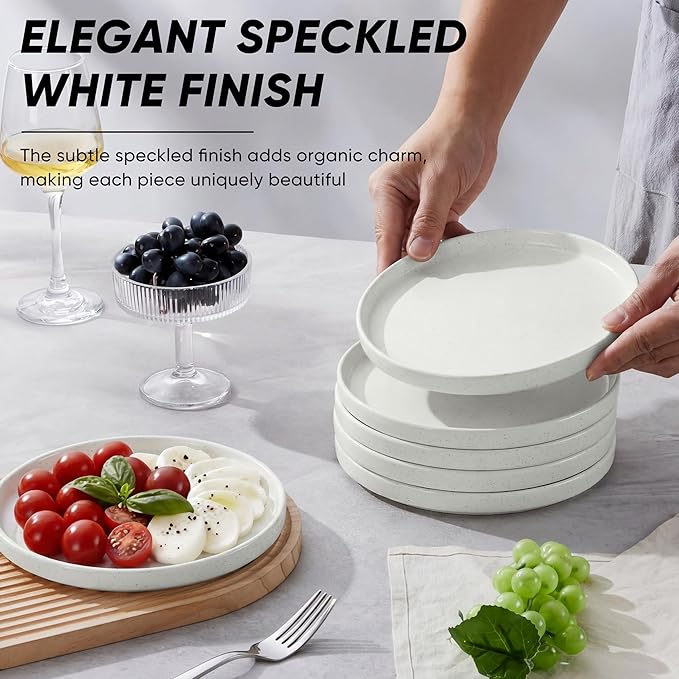E-far 7.9 Inch Ceramic Dinner Plates, 6-Piece Stoneware Salad Plates with Raised Edges, Chip & Scratch Resistant | Microwave & Dishwasher Safe Dessert Dishes for Appetizer Salad, Speckled White