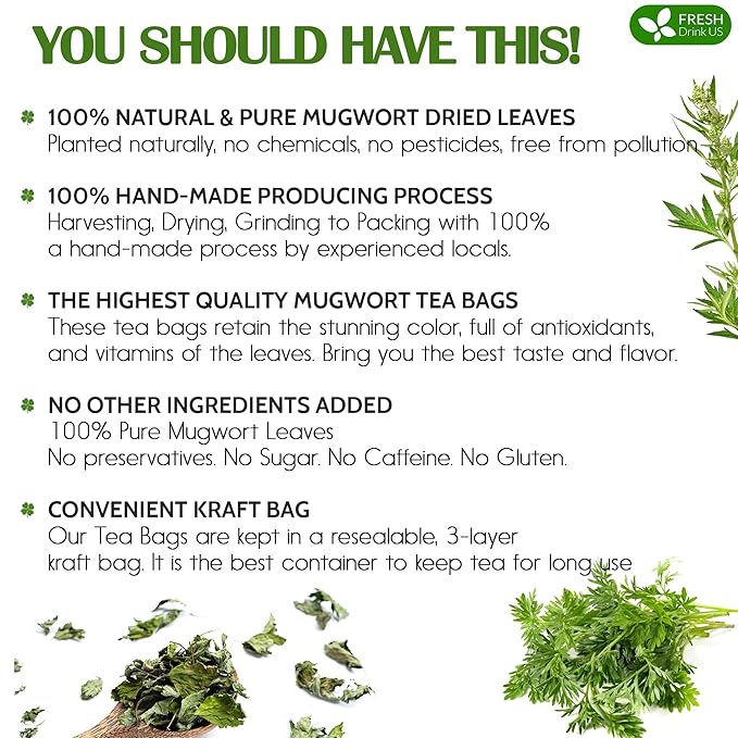 FRESHDRINKUS, Premium 120 Mugwort Leaf Tea Bags, 100% Natural and Pure Mugwort Leaves. No Sugar, No Caffeine, No Gluten, Vegan.