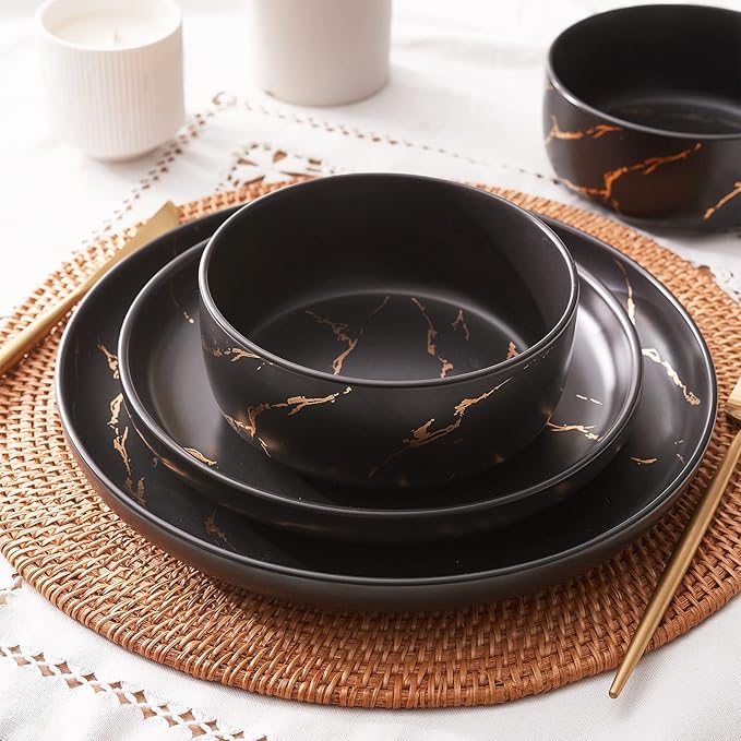 Pokini Black Gold Splash Dinnerware Sets, Marble Porcelain Plates and Bowls Sets, Modern Luxury Dish Set for 4, 12 Pieces Fine China Plates Set for Formal Dinners and Anniversaries