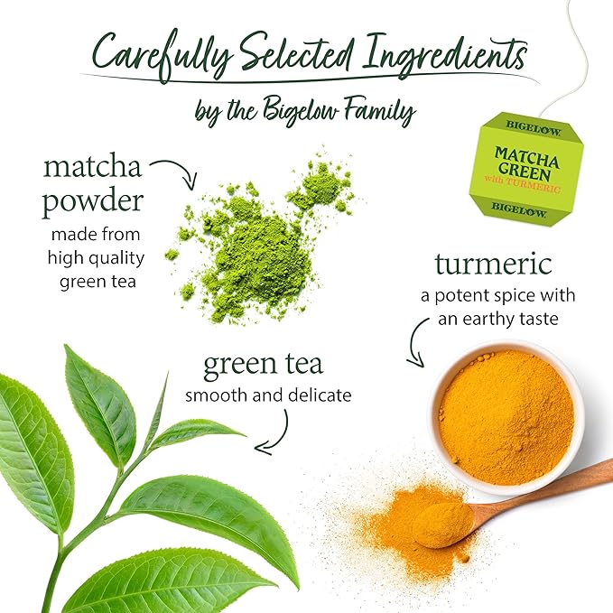 Bigelow Tea Matcha Green Tea with Turmeric, Caffeinated Tea with Turmeric, 18 Count Box (Pack of 6), 108 Total Tea Bags