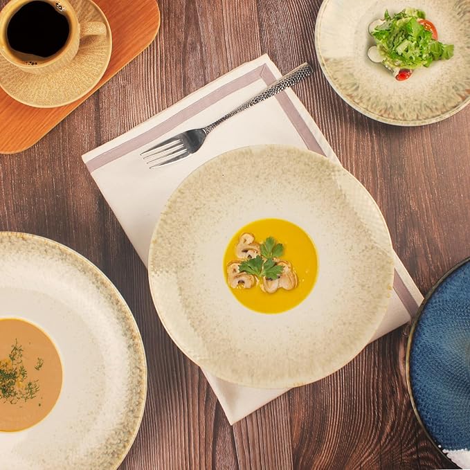 Soup Bowls, Soup Plates, 5.1 oz,Porcelain Pasta Bowl Set of 4, Wide edge Shallow Bowl Plates, Rimmed Bowls with Rim, Best choice for high-end restaurants and foodies,Gradient beige 9.8Inch