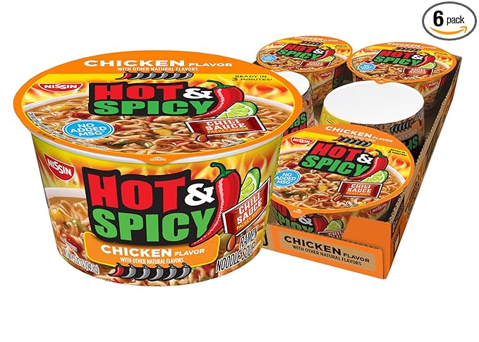 Nissin Hot & Spicy Ramen Noodle Soup, Chicken, 3.32 Ounce (Pack of 6)