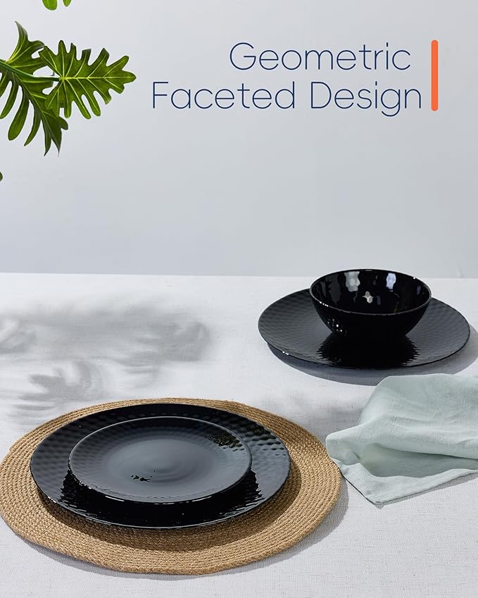 LaGlint 10.5 inch Dinner Plate Set of 6, Round Opal Glass Black Geometric Faceted Dinnerware Plates, Dishwasher and Microwave Safe