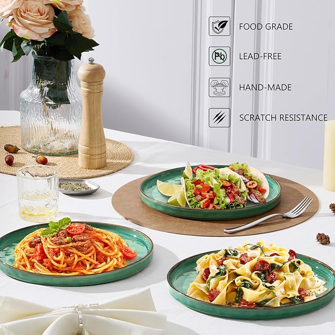 LIANYU 10.2 Inch Dessert Plates of 4, Kitchen Ceramic Dinner Plates Set, Dinnerware Serving Dishes Set, Dinnerware Salad Appetizer Plates for Microwave Dishwasher Oven, Chip Resistant, Emerald Green