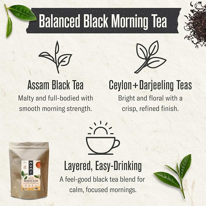 Numi Organic Breakfast Blend Tea, Loose Leaf Black Tea, 16 oz Bulk Pouch, Organic Loose Leaf Tea Brews 200 Cups, Full-Bodied Breakfast Blend, Strong Bold Black Tea for Morning Energy
