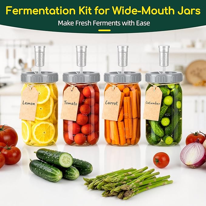 32oz Fermentation Jar Kit with Fermenting Weights and Airlock Lids, Wide Mouth Glass Jars with Scale Mark for Making and Storing Sauerkraut, Pickles (Pack of 4)