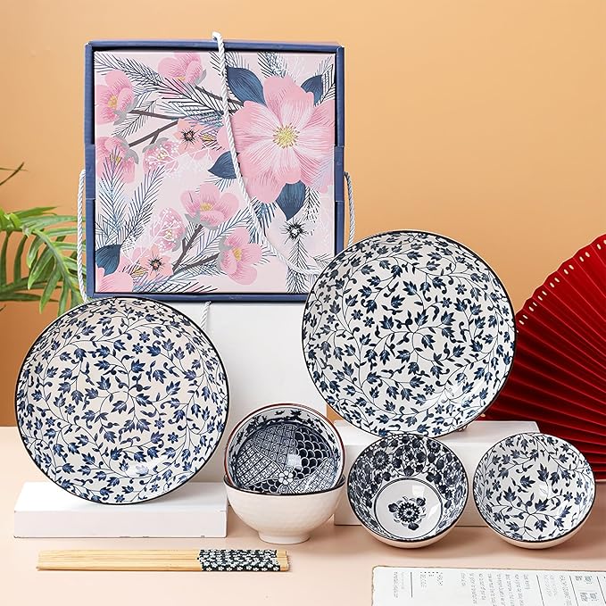 Ceramic Plates and Bowls Set, Japanese Style Dinnerware Set with Gift Box - Blue and White - 4 Rice Bowls and 2 Pasta Bowls - Kitchen Gifts for Women (Blue and White)