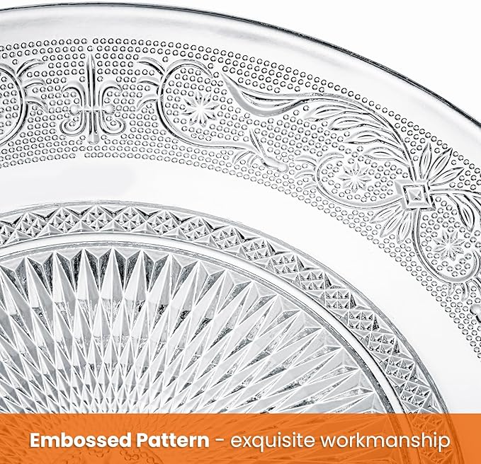 Elsjoy 6 Pack 10 Inch Large Glass Dinner Plate, Clear Round Serving Plate Vintage Embossed Dinnerware for Salad, Pasta, Fruits