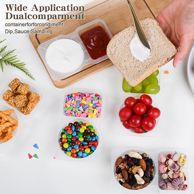 20 sets Reusable Snack Containers 2 Compartment Condiment Container With Lids Snackle Box Container Portion Control for Refrigeration Sauce,Outdoor Takeaway,Travel