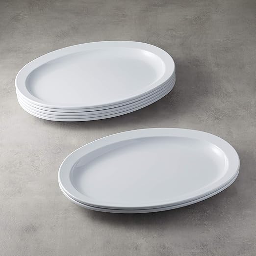 Amazon Basics Melamine Oval Platter Serving Tray, Dishwasher Safe, Narrow Rim, 13 in x 9.75 in, White, 6-Piece Set