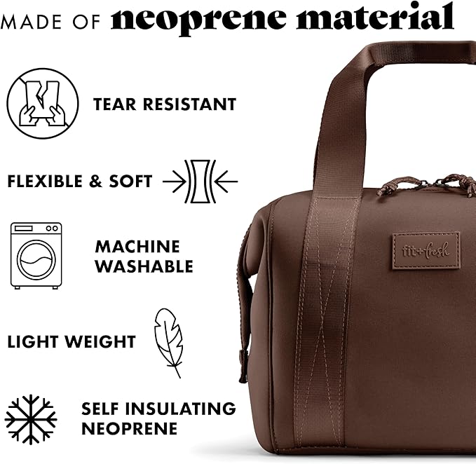 Fit & Fresh Remi Lunch Bag for Women Work – Neoprene Lunch Tote with Containers & Ice Pack, Reusable Meal Prep Lunch Box, Large Capacity, Machine Washable, Chocolate