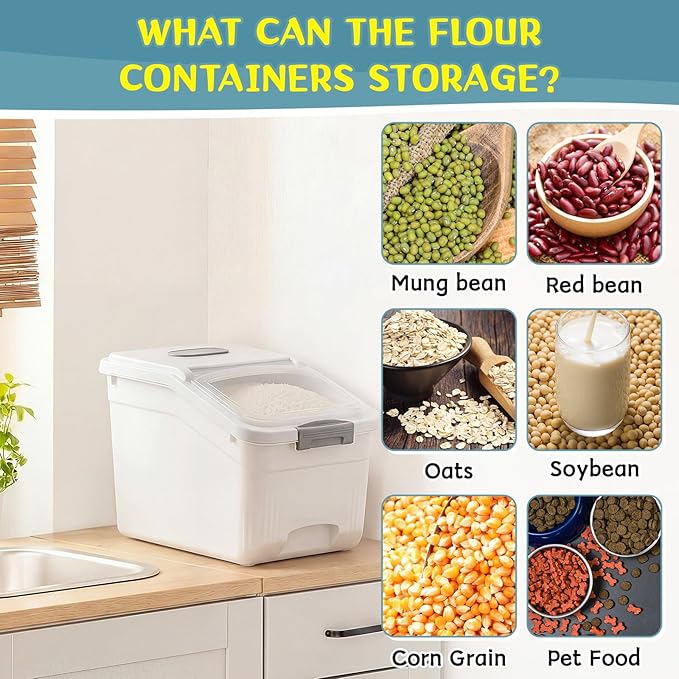 Blushtier 4 Pack Large Rice Storage Containers 30 Lbs Airtight Flour Container with Seal Locking Lid and Measuring Cup Kitchen Dry Food Storage Bins for Cereal Sugar Beans (Creamy White)