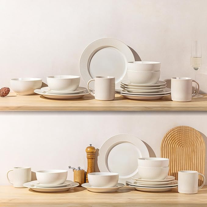 TheTerra Stoneware Dinnerware Sets for 6, 18 Pieces Ceramic Plates and Bowls Sets, Scratch Resistant Embossed Dish Set, Oven, Microwave & Dishwasher Safe, Cream White