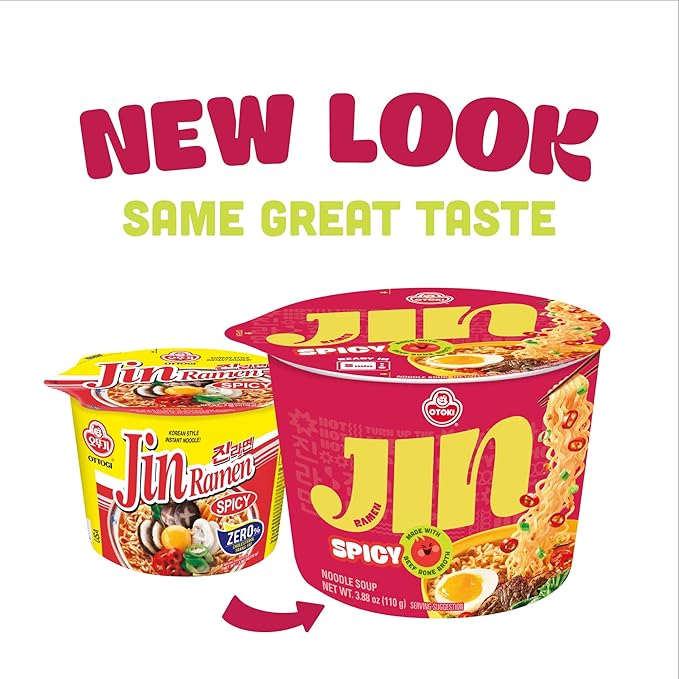 OTOKI Jin Ramen Spicy Bowl – Authentic Korean Instant Noodles with 13-Hour Simmered Beef Bone Broth, Bold & Fiery Flavor, Microwave or Add Hot Water, Ready in 5 Minutes, 3.88 oz (Pack of 6)