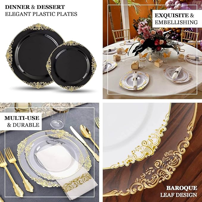 Efavormart 10 Pack | 10" White and Gold Baroque Dinner Plates, Leaf Embossed Metallic Rim Heavy Duty Serving Plates for Formal Wedding Banquets
