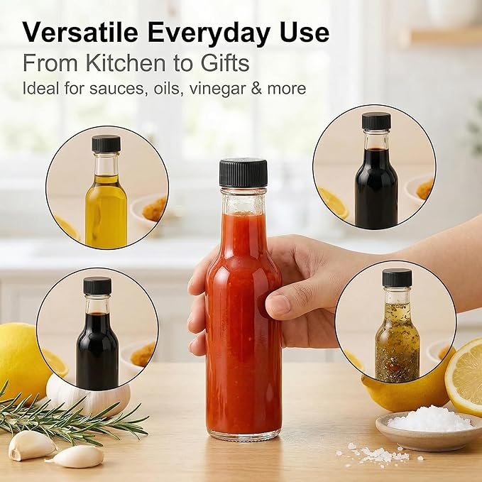 WERTIOO Hot Sauce Bottles, 12-Pack 5oz Glass Hot Sauce Containers with Caps & Funnel - Small Refillable Bottles for Homemade Oil, Vinegar - Great for Kitchen Use, Gifting, Sample Packaging
