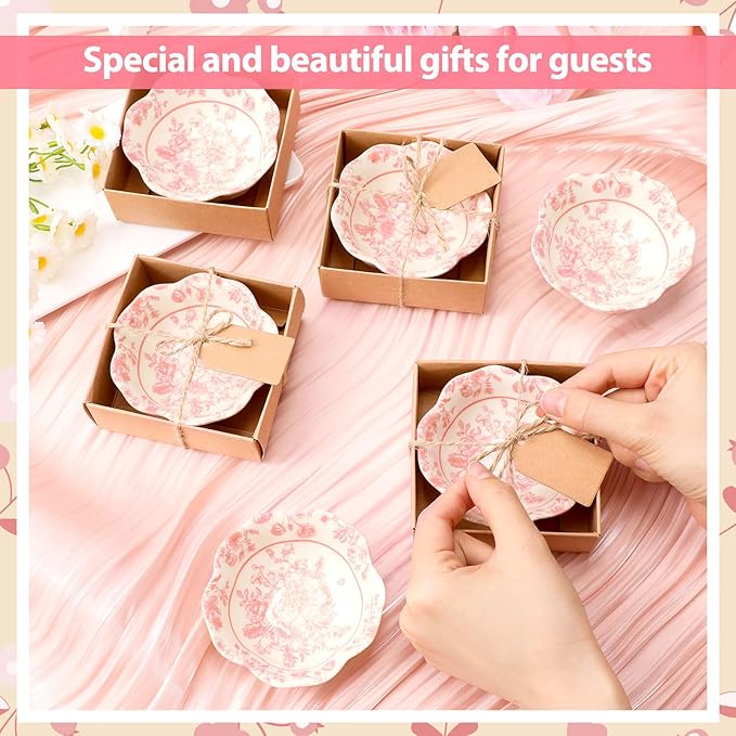 SiliFine 12 Pcs Wedding Favors for Guests Small Ceramic Bowl Bulk Gifts Set 3.3 Inch Floral Design Mini Dipping Sauce Dish with Card Box for Bridal Pooja Baby Shower Birthday (Flower,Pink)