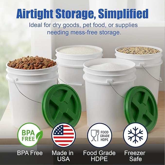 ePackageSupply 5 Gallon Bucket - Food Grade Bucket with Airtight Gamma Seal Screw-On Lid, BPA-Free, Heavy-Duty 90 Mil HDPE Plastic, Bulk Storage, Durable Container, Made in USA, White/Green, 3 Packs