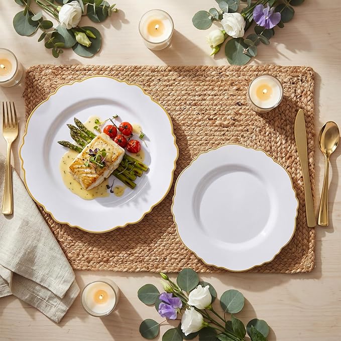 WDF 100pcs Gold Plastic Plates - High-end Baroque Design - Heavy Duty White &Gold Wedding Plates Set Ideal for Party/Wedding/Birthday/Mother's Day