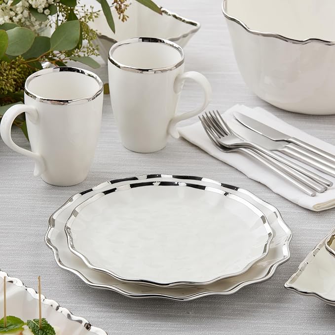 Regency Silver 9-Inch Porcelain Salad Plates – Set of 4 Elegant Silver-Trimmed Plates – Perfect for Appetizers, Salads & Desserts – Durable, Dishwasher-Safe Tableware for Everyday & Formal Dining