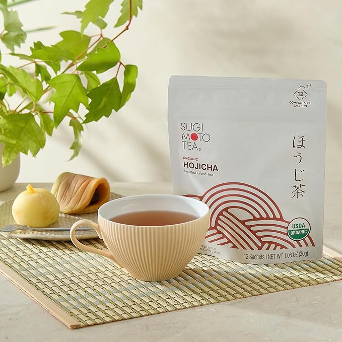 SUGIMOTO TEA Japanese Organic Hojicha Roasted Green Tea Bags 12 Count
