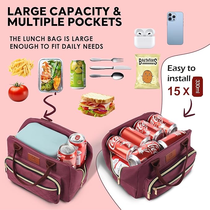 Genteen Lunch Box for Women,Insulated Adult Lunch Boxes,Reusable Cute Lunch Bags for Work,High Capacity Tote for Work, Cooler Bag for Girls Office Travel Picnic School-Red