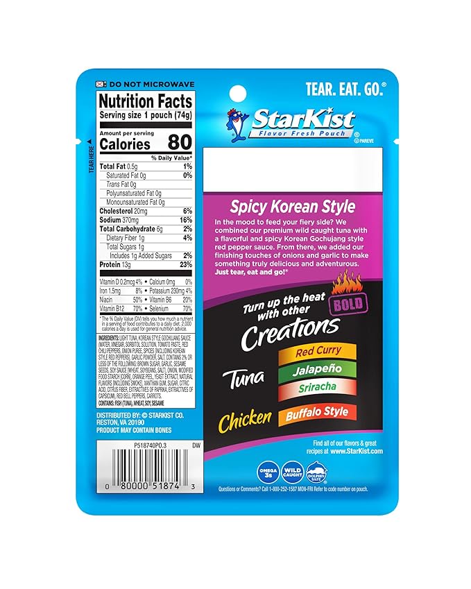 StarKist Tuna Creations BOLD Spicy Korean Style with Gochujang, 2.6 oz Pouch (1 Pack) Ready to Eat Wild Caught Tuna, 13g Protein, 80 Calories Per Serving, Perfect for Salads, Meals and Snacks