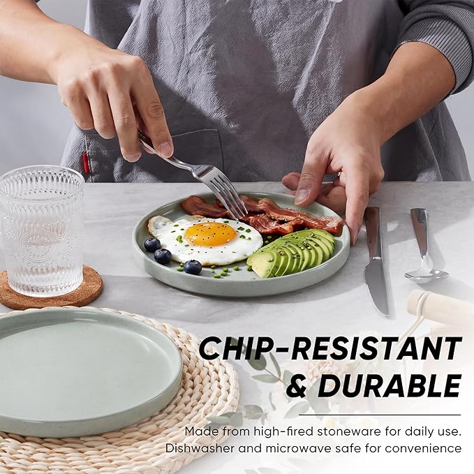 E-far 7.9 Inch Ceramic Dinner Plates, 6-Piece Stoneware Salad Plates with Raised Edges, Chip & Scratch Resistant | Microwave & Dishwasher Safe Dessert Dishes for Appetizer Salad, Speckled Green