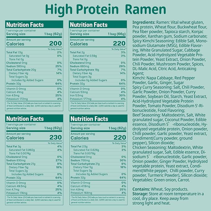 VOLO VERO Protein (32g) Ramen Variety Pack - Chicken, Spicy “Beef, Kimchi, Curry”, 8 Packs Instant High Protein Ramen Noodles Soup, Plant-Based, Non-Fried, Vegan, Low Fat, Egg & Dairy Free Healthy Meal
