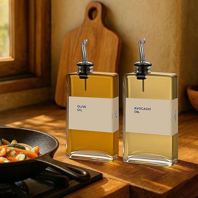 Spaceneat Olive Oil Dispenser Bottle - Includes 44 Kitchen Essential Labels - Cooking Oil Bottles for Kitchen, Coffee Syrup Dispenser - Pourer Spout with 11.8 fl oz Glass Container Cruet - 4pcs Silver