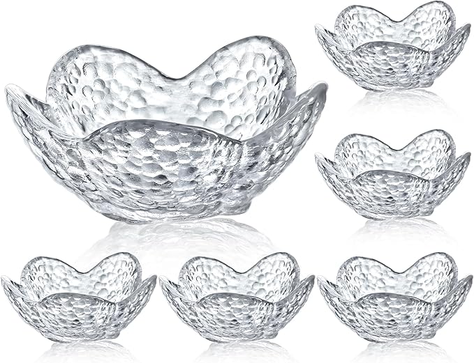 kanpura Mini Glass Bowls, Flower Shaped Prep Bowl, Dishwasher Safe, Pinch Bowls for Dipping Spices Sauce, Stackable, 1.5 oz, Set of 6, (Clear)