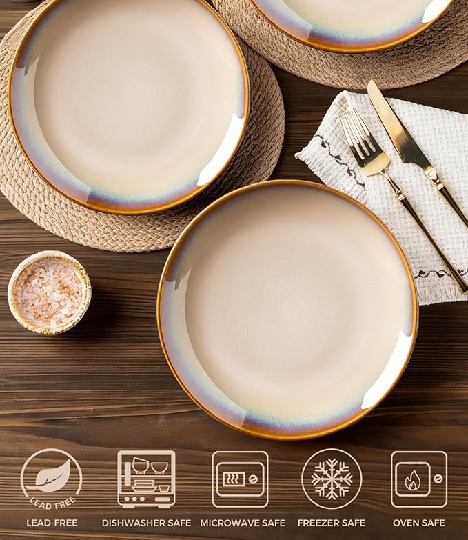 LERATIO Ceramic Dinner Plates Set of 6, 8.0 Inch Handmade Reactive Glaze Porcelain Plates, Coupe Shape Dinnerware Dishes Set for Kitchen,Oven& Microwave & Dishwasher Safe, Scratch Resistant-Kahki