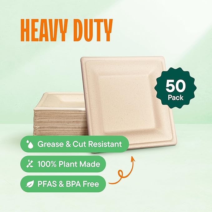 100% Compostable Square Paper Plates [50-Pack] - {PFAS-Free} - {BPI Certified} - [6 Inch] Heavy Duty, Eco-Friendly, Biodegradable Bagasse Dinner Plates - Natural Brown 6" Plate by Stack Man