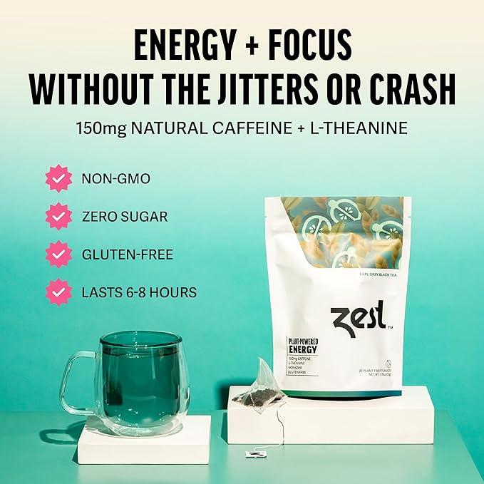 Zest High Caffeine Black Tea Bags – Earl Grey Energy Tea with Natural Bergamot – 150mg Caffeine per Cup – Focus & Morning Breakfast Tea for Energy – Caffeinated Coffee Substitute – 20Ct Pack