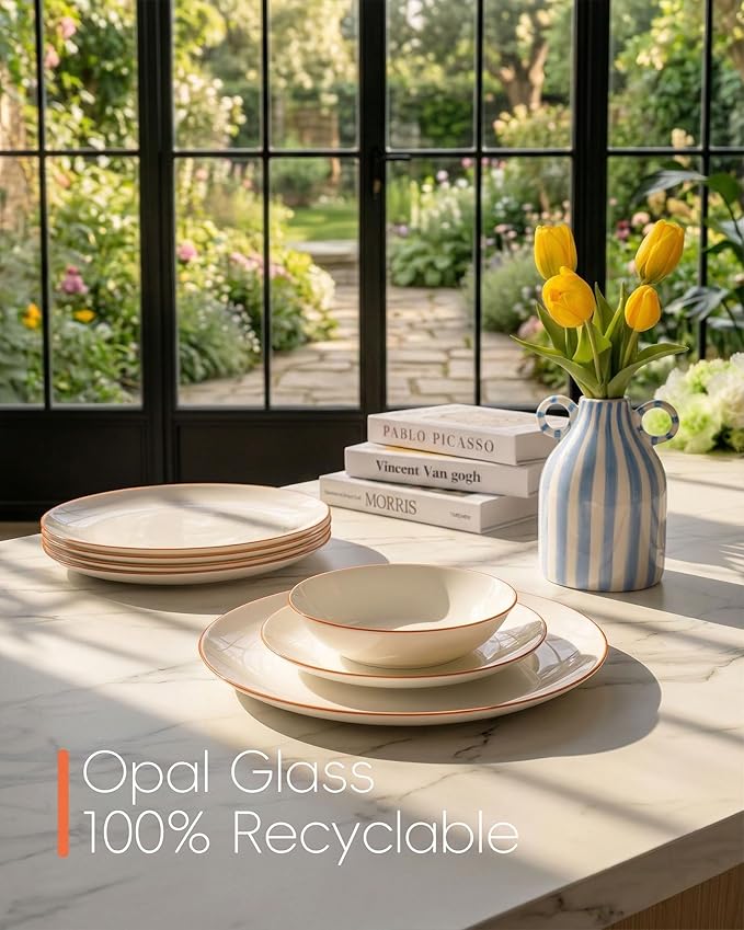LaGlint 10.5 inch Dinner Plate Set of 6, Lightweight Round Opal Glass Dinnerware Plates, Dishwasher and Microwave Safe, Hand Painted Orange Rim