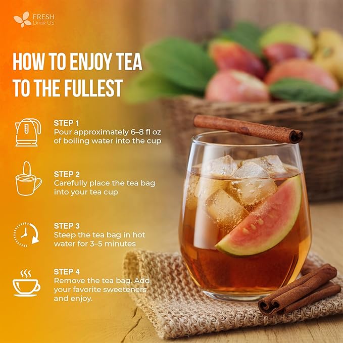 FreshDrinkUS, Premium Guava Vitality Tea | 75 Tea Bags | Guava Leaves, Cinnamon Stick & Ginger Herbal Tea – Caffeine Free Botanical Infusion – Warm & Aromatic Daily Tea – 100% Natural Ingredients