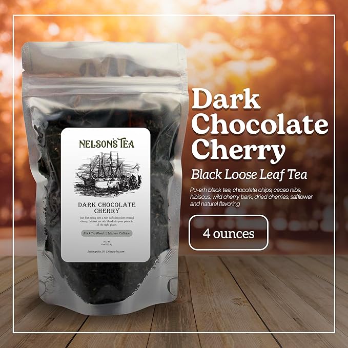 Nelson's Tea Dark Chocolate Cherry - Cut & Sifted Pu-erh Black Tea Loose Leaf with Rich Blend of Chocolate Chips, Wild Cherry Bark, Cacao Nibs and Dried Cherries - Medium Caffeine (4 oz)