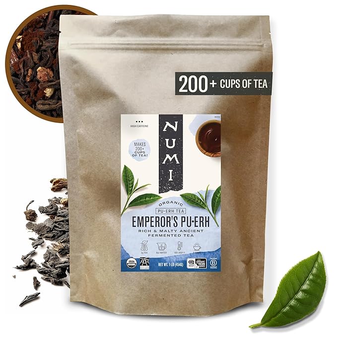 Numi Organic Emperor’s Pu-erh Tea Loose Leaf, Aged Yunnan Caffeinated Black Tea, 16 oz Bulk Pouch, Smooth Earthy Bold Flavor, Brews 200 Cups