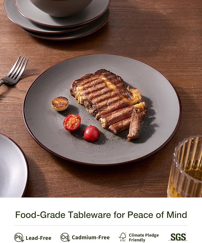 Famiware Venus Stoneware Dinnerware Set with Pasta Bowls for 6, 24-Piece Speckled Plates and Bowls with Trim, Matte Dark Gray - Chip‑Resistant Dishes for Everyday/Formal Use, Microwave/Dishwasher Safe