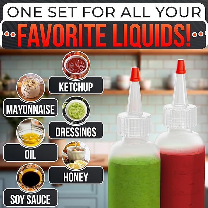 6-Pack Squeeze Bottles for Liquids 4 oz with Scale – No-Mess Dispensing | Clear Condiment Bottle Set for Sauces, Oil, Dressing, Syrup, Ketchup, Mustard & Cookie Decorating – Refillable Squirt Bottles