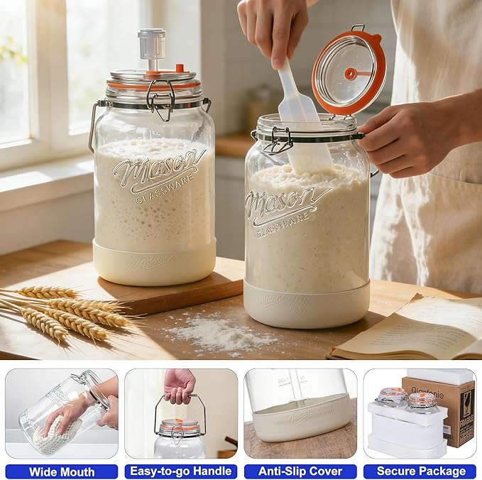 Upgrade 1 Gallon Fermentation Jars with Airlocks - Wide Mouth Glass Jars with Airtight Lid for Sauerkraut Mead Sourdough Starter Pickle, Fermenting Jar with Handle & Non-Slip Silicone Base, 2 Pack