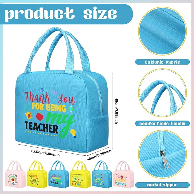 Teacher Appreciation Gifts Bulk Back to School Thank You Insulated Lunch Bags Teacher Reusable Lunch Bags Leakproof Totes End of Year Appreciation Gift for Men Women(12 Pcs,Lively)