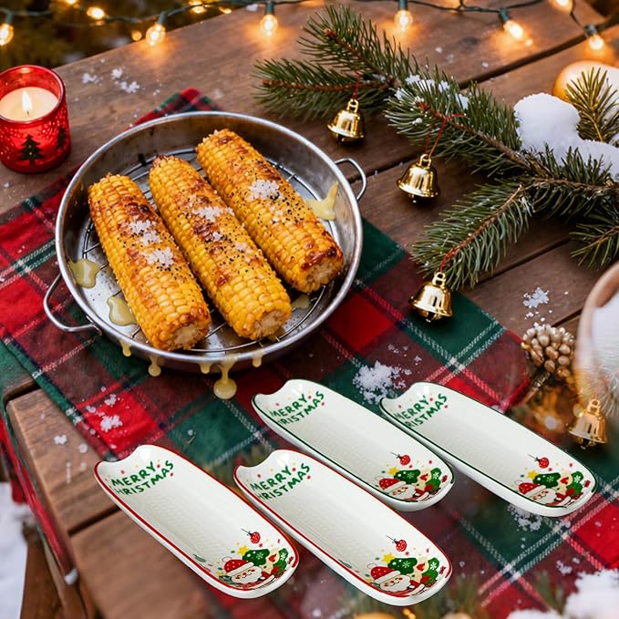 Cinf Ceramic Corn Cob Holders 8.8" Corn Dishes Set of 4, Xmas Dishes Non-slip Bottom Christmas Gifts Microwave Dishwasher Oven Safe (Xmas)