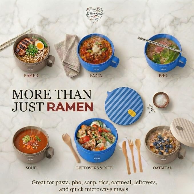 AI LOVE PEACE Microwave Noodle Bowl Set of 2, 40 oz Ramen Bowls with Lids, Dishwasher Safe Soup Bowl for Ramen, Pho, Pasta, Rice, College Dorm Essentials (Beige & Blue)